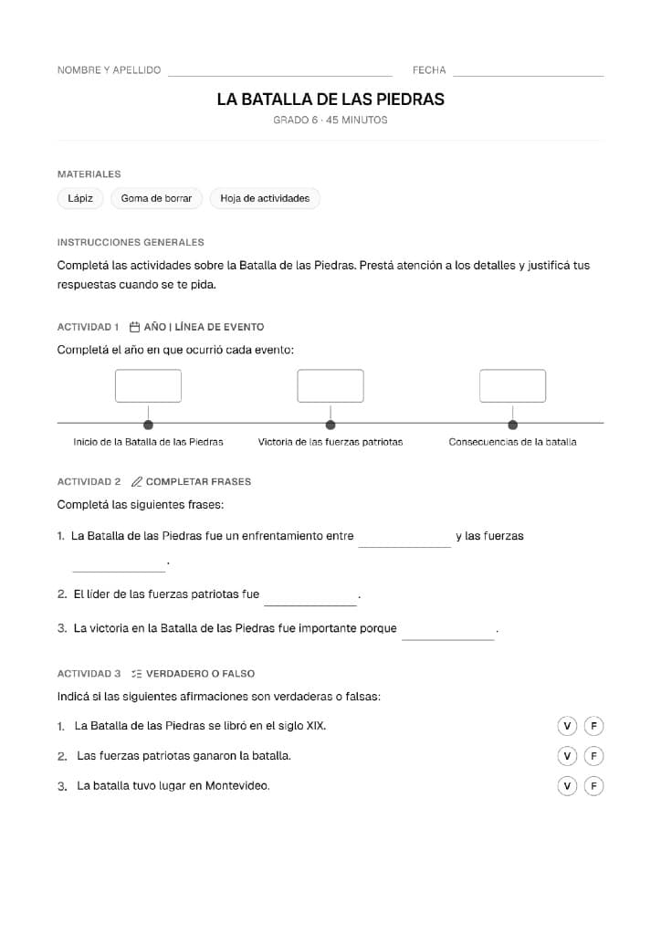 Ficha de actividades sobre la Batalla de las Piedras
