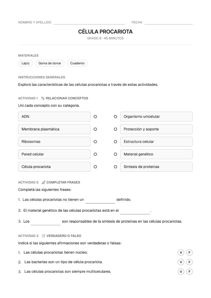 Ficha de actividades sobre célula procariota