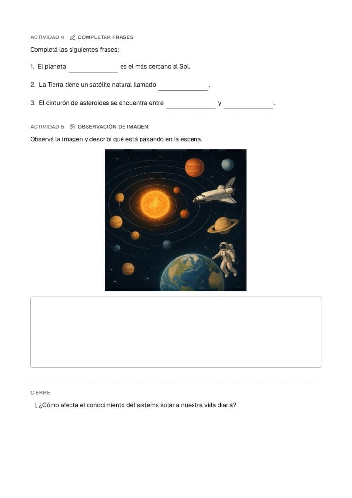 Actividad de observación de imagen del sistema solar